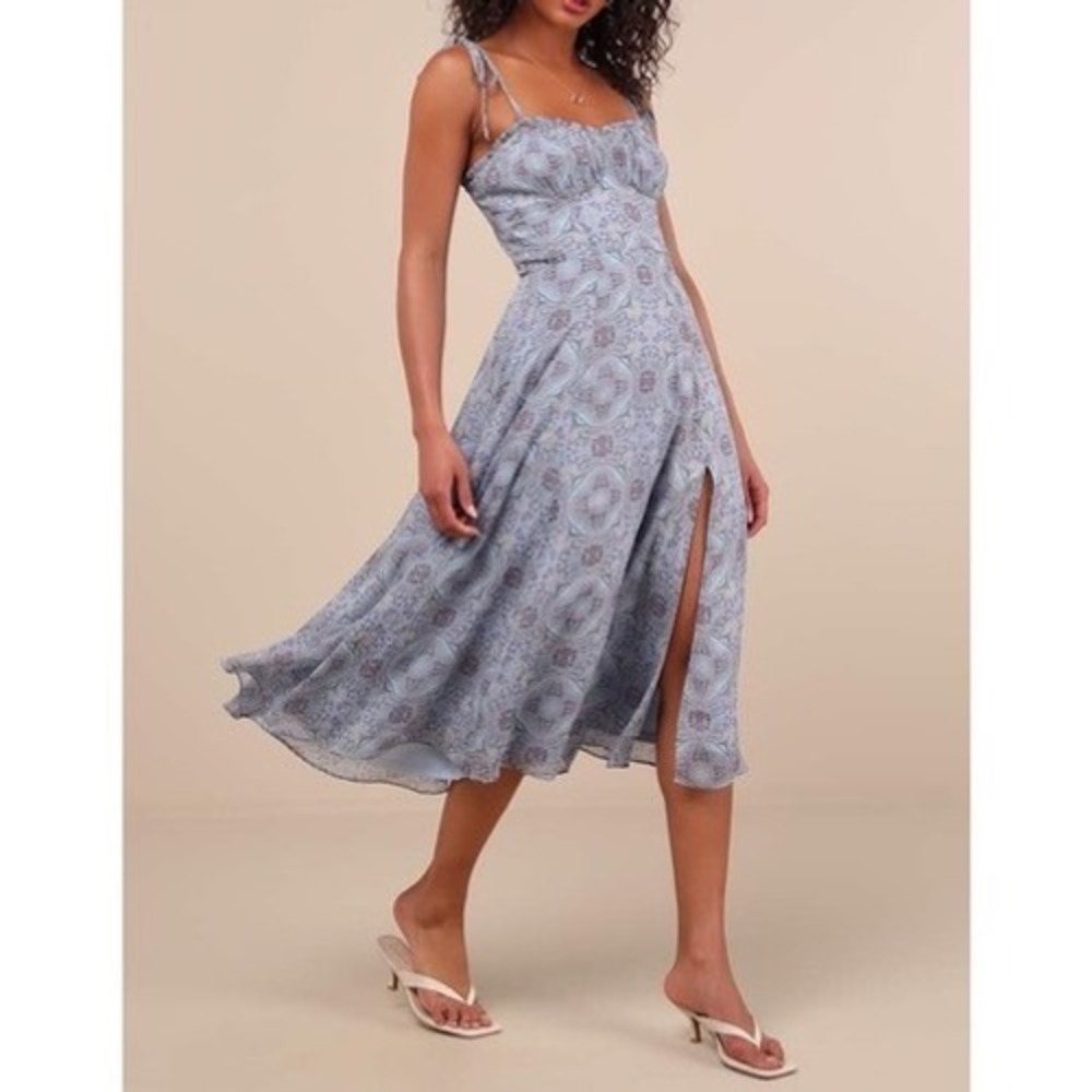 NWT Lulus Winnie Light Blue Paisley Tie-Strap Midi Dress Large